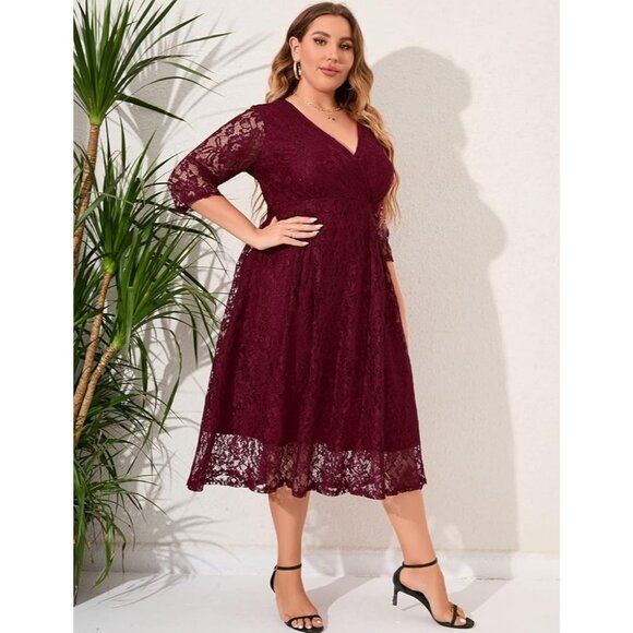 Burgundy Wine Lace Midi Dress Size 22 3X Christmas Holiday Party Wedding Plus Sz - Picture 3 of 10